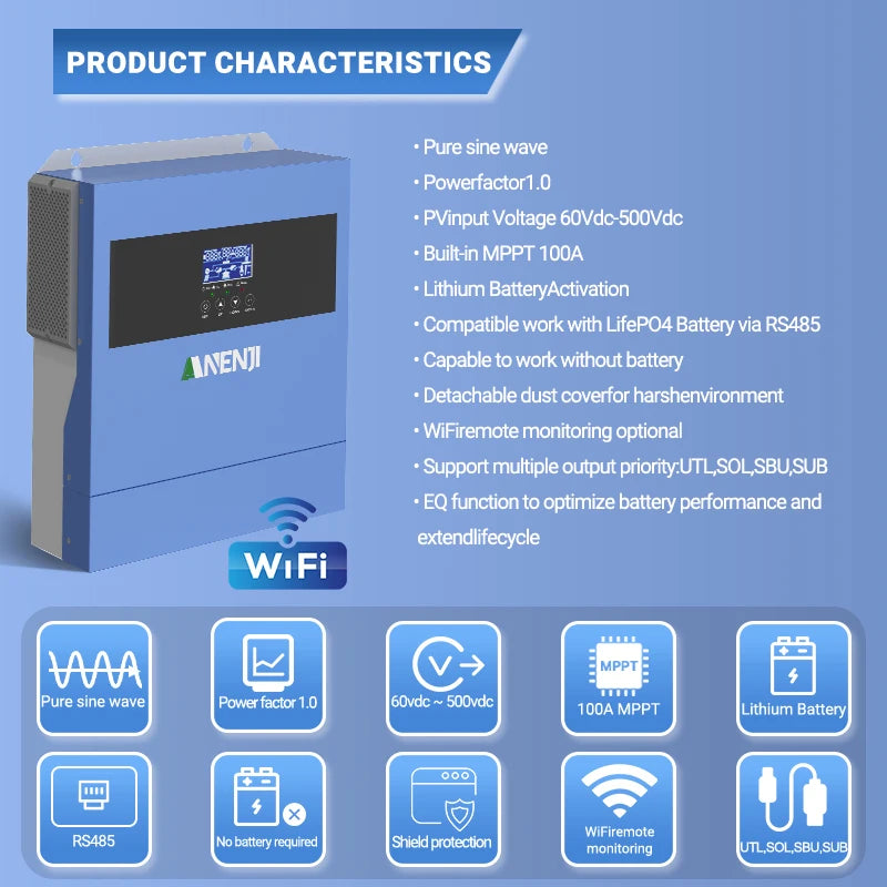 Hybride Zonnestroom Omvormer – Solar Omvormer – Energieomvormer – Accu Omvormer – Zonne-energie Inverter – 4 kW-6,2 kW Vermogen – Wifi & MPPT Technologie