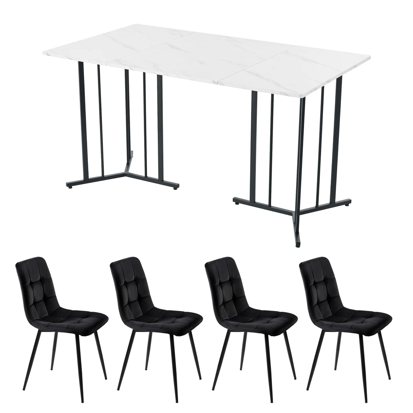 Eettafelset – Eettafel Met Stoelen – Dinerset – Fluwelen Stoelen – 140x80 Cm Tafel – Verstelbare Pootjes – Metalen Frame - Zwart