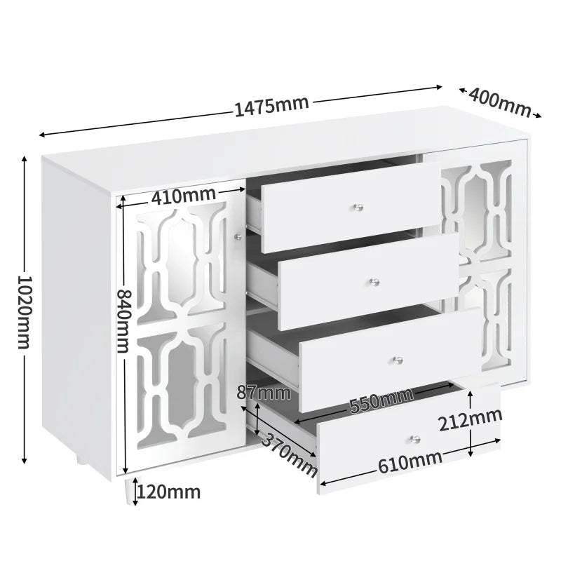 Speelkast – Opbergkast – Dressoir – Vitrinekast – Wit Spiegelkastje – Grote Opbergruimte – Kristallen Handgrepen