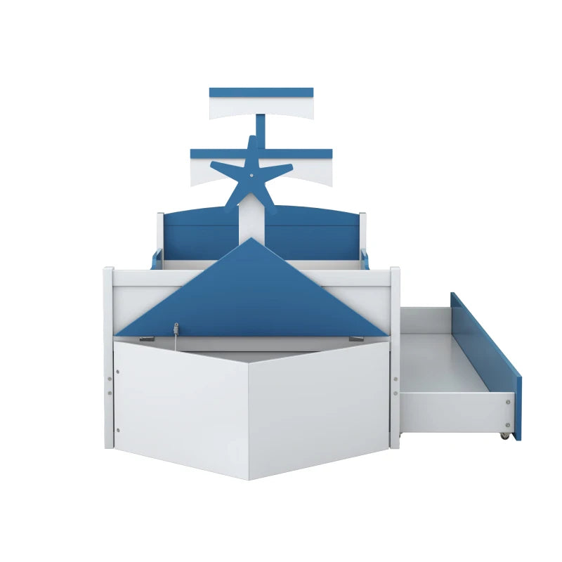Houten kinderbed - Zeilbootvorm - Lades - Opbergkast Aan Het Einde Van Het Bed - Eenpersoonsbed - Blauw