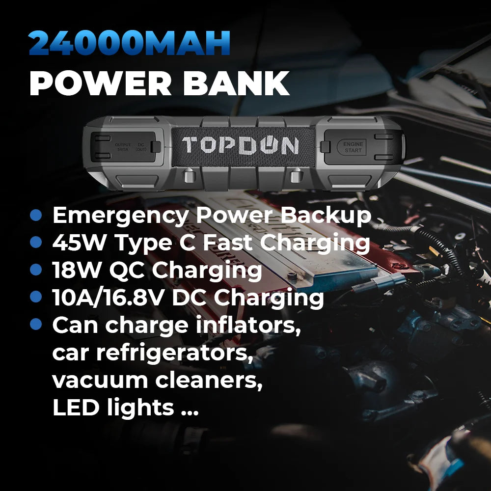Topdon - JS3000 - Jumpstarter voor Auto - Startkabels - Starthulp - 3000A - 12V - Jumpstarters - Powerbank 30000mAh - Zwart - QUORE