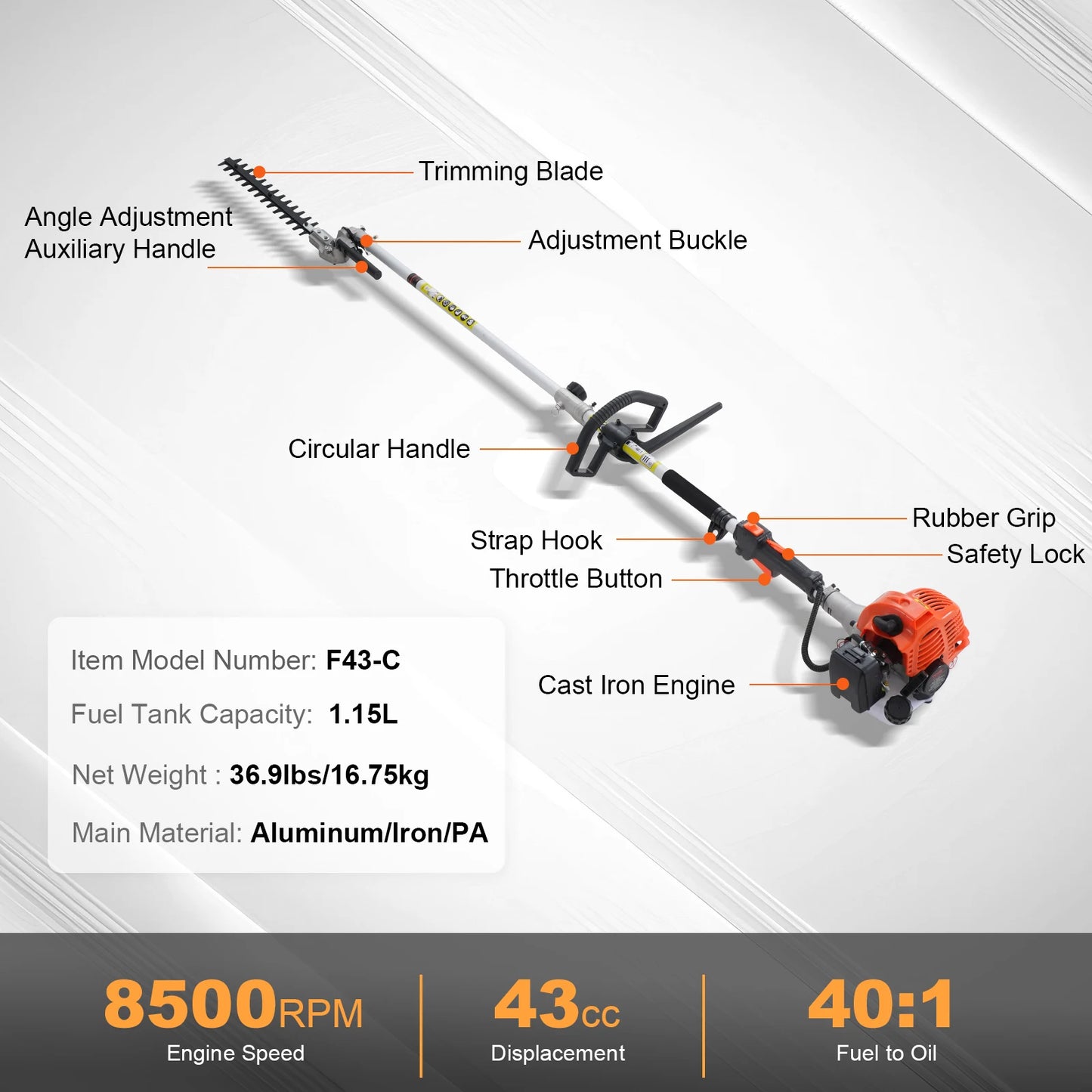 Multifunctionele Benzine Snoeigereedschap – Heggenschaar – Kettingzaag – Bosmaaier – Grastrimmer – 43CC Motor – 270° Draaibare Snijkop