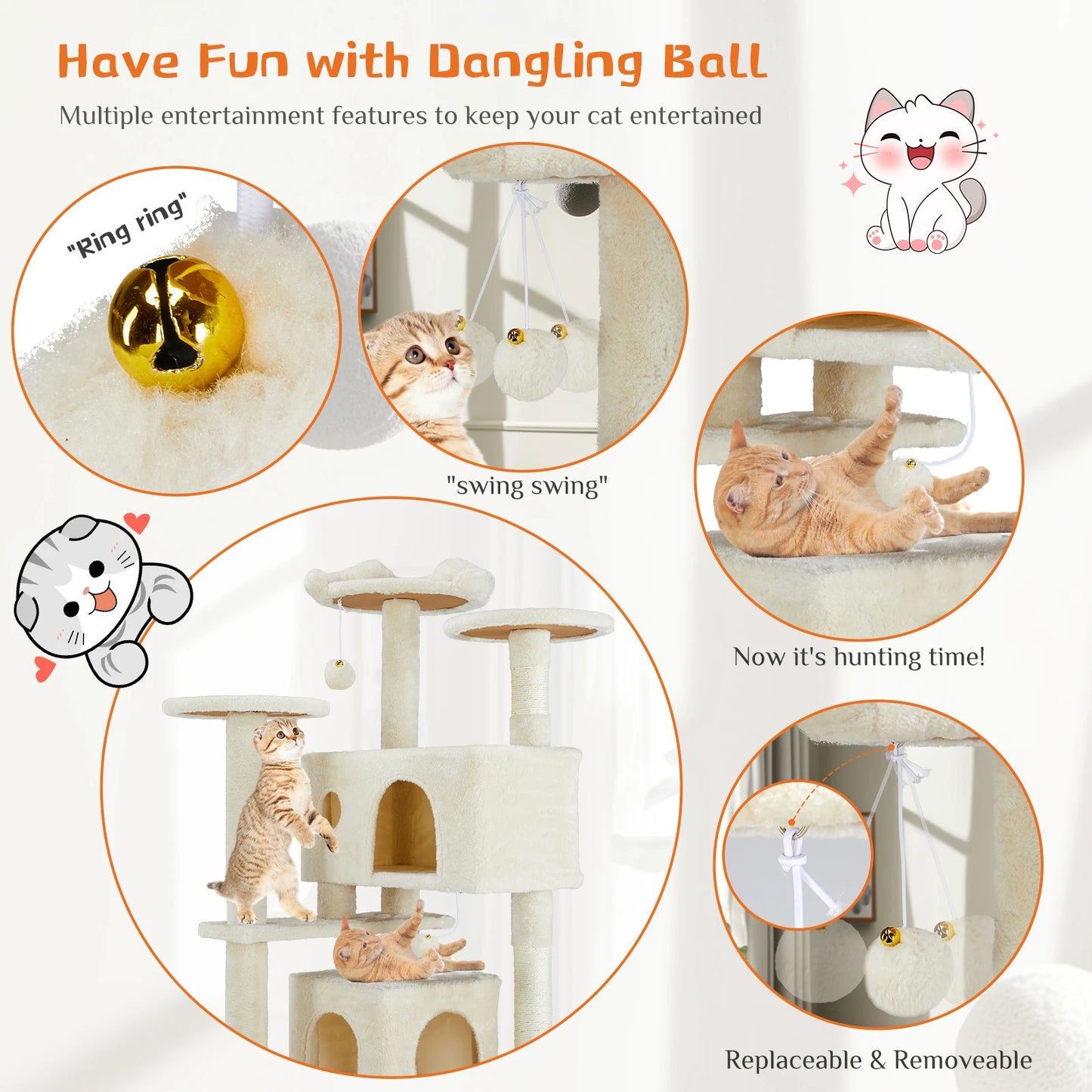 Krabpaal - voor Katten - Krabton - Hoge Kattenboom – 54inch - Multi-Level Krabpaal - Stabiele Kattenboom - Zacht en Knus - met Sisal en Huisjes - Beige