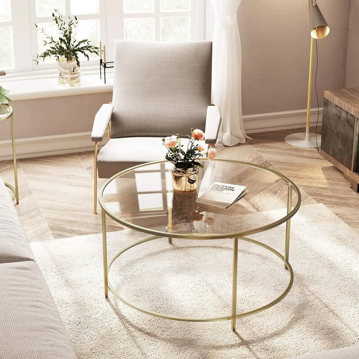 Ronde Salontafel - Glazen Tafelblad met Gouden IJzeren Frame - Robuuste Koffietafel - Modern Retro Design - Woonkamer Accessoire - Goud - QUORE