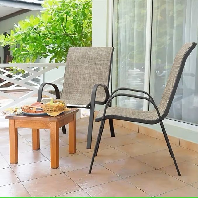 Tuinstoelen - Tuinstoel - Tuinmebeul - Set van 6 - Stoelen - Metalen - Stapelbare - Weerbestendige - Ademend Textileen - Geschikt voor Terras - Balkon - Comfortabel - Ademend - Draagvermogen 150 kg - Koffie