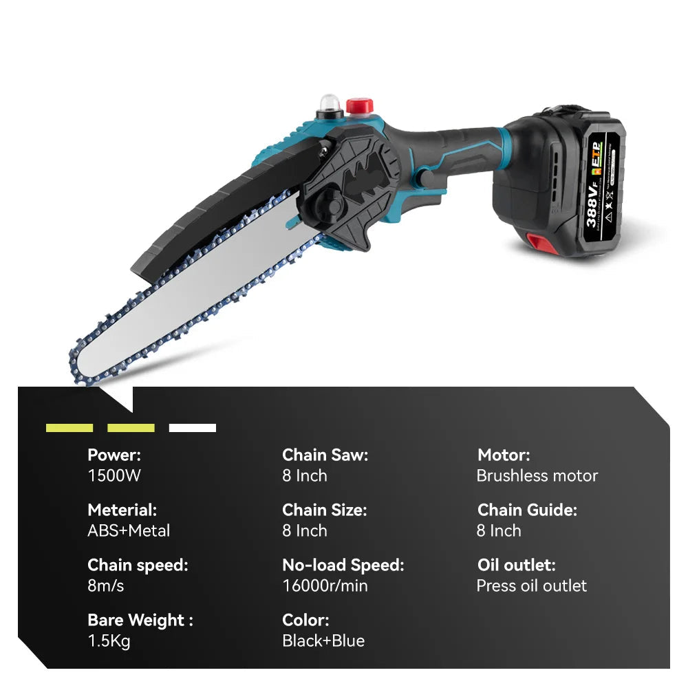 Kettingzaag - Snoeizaag - Takkenzaag - Handzaag - Draadloze - Elektrische - 1500W - 8 Inch Zaagblad - Brushless Motor - Handzaam Ontwerp – Inclusief 1x 18V Accu en EU Stekker