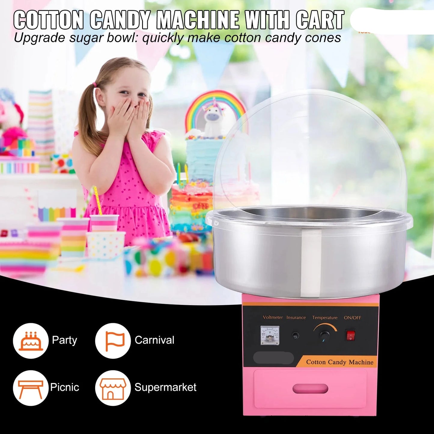 Suikerspinmachine Elektrisch - Suikerspinmachines - Mini Suikerspin - Suikerspinmaker - 1000W - RVS Kom - Instelbare Temperatuur - Incl. Schep en Lade - Voor Feestjes - Kermis - en Verjaardagen - Roze - met Kar