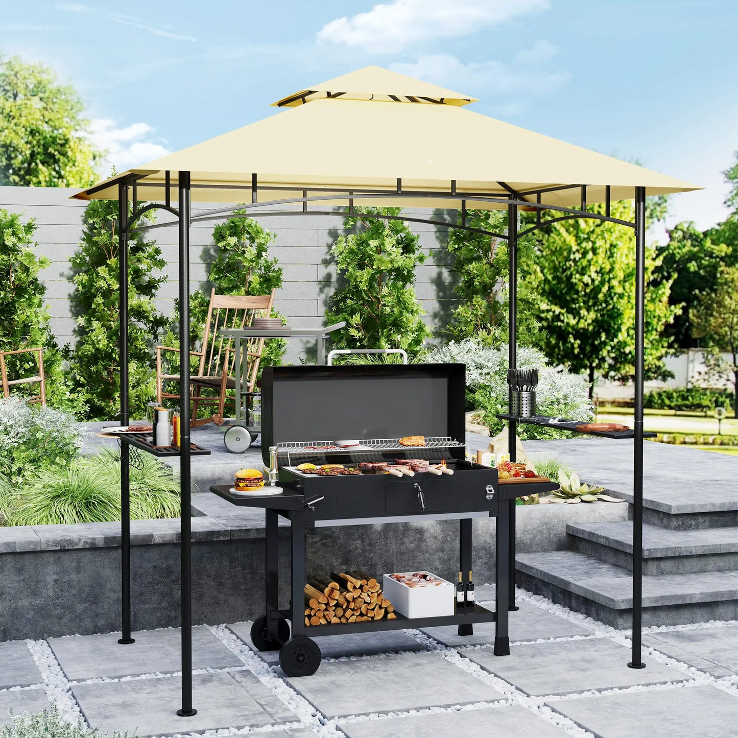 Barbecuepaviljoen – Grillpaviljoen – Buitenkeuken Overkapping – Barbecue Overkapping – Dubbele Daklaag – Weerbestendig Staal - Beige