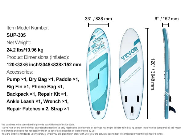 Sup Board - Supboard - Sup Board Opblaasbaar - Kayak - Paddle Board - Kajak - met SUP Board Pomp Paddle Vin Telefoontas Rugzak Enkelriem Reparatieset Antislip Dek - 10x33x6
