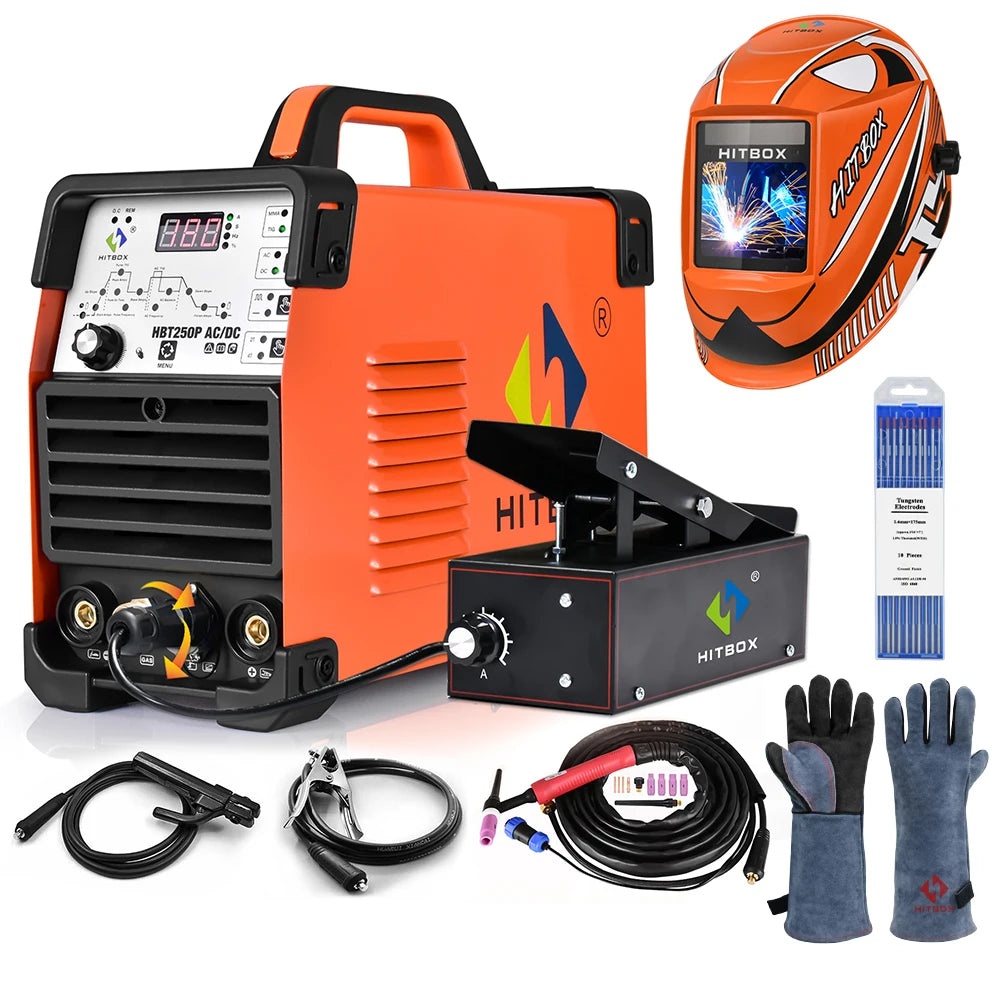 HitBox - HBT250P - Elektrisch lasapparaat - 3 in 1 - Aluminium Tig-lasmachine - ARC-kracht 2T-4T - met voetpedaal - Oranje