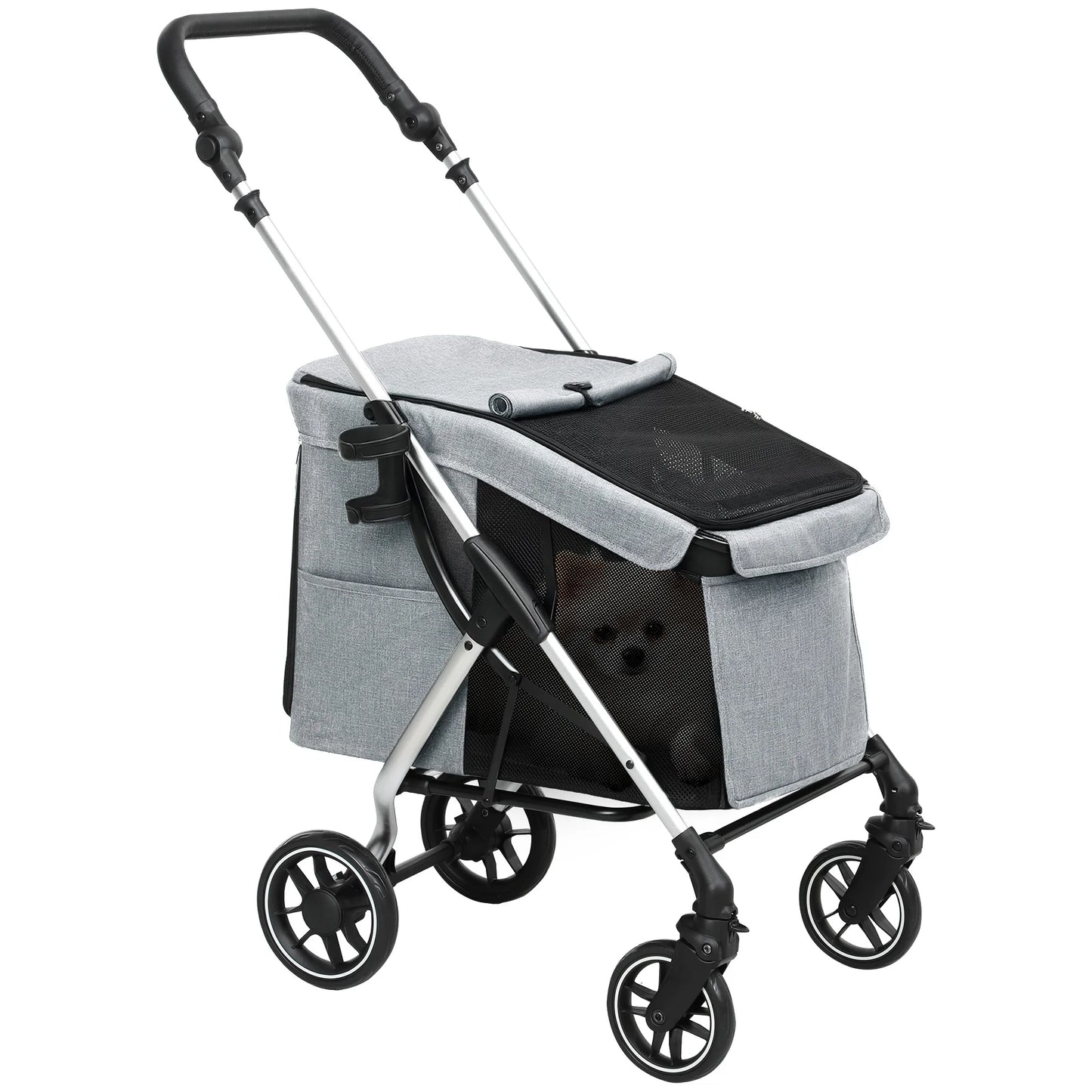 Hondenwagen – Opvouwbare Hondenbuggy – Kleine Honden Kar – Wandelwagen – Lichtgrijs – Lichtgewicht Aluminium Frame – Wasbaar Comfortkussen