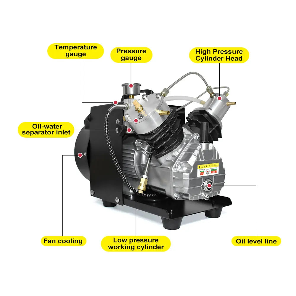 Luchtcompressor - Compressor - Luchtpomp - Airpress Compressor - 4500Psi - Dubbele Cilinderkop – Hoge Druk - Ingebouwde Ventilator – Geschikt voor Scuba Tank en PCP Luchtgeweren – 6.8L Capaciteit