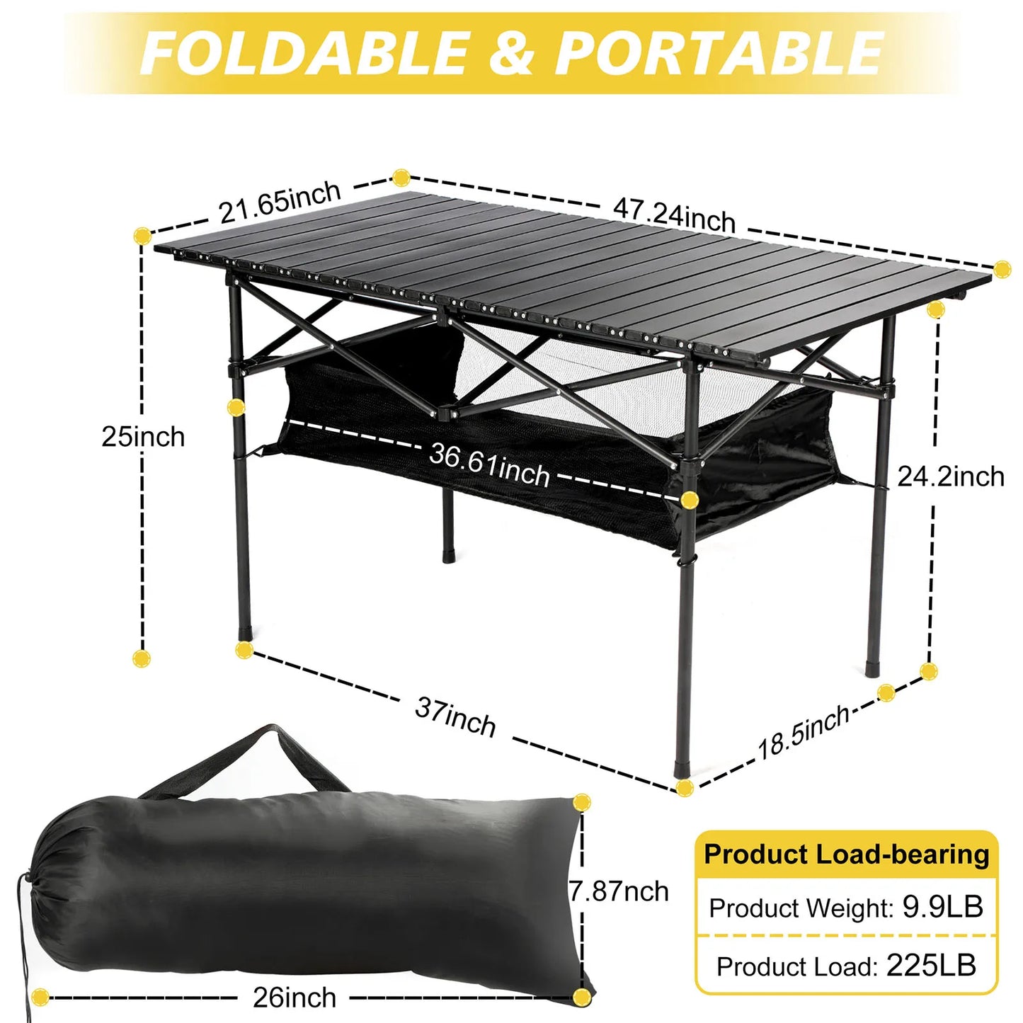 Klaptafel - Camping - Tuint - Feest - Picknick - Barbecue - Opvouwbare - Inklapbare - Draagbaar - Bureau -Lichtgewicht - Belastbaar tot 150KG - Met Netzak - Zwart