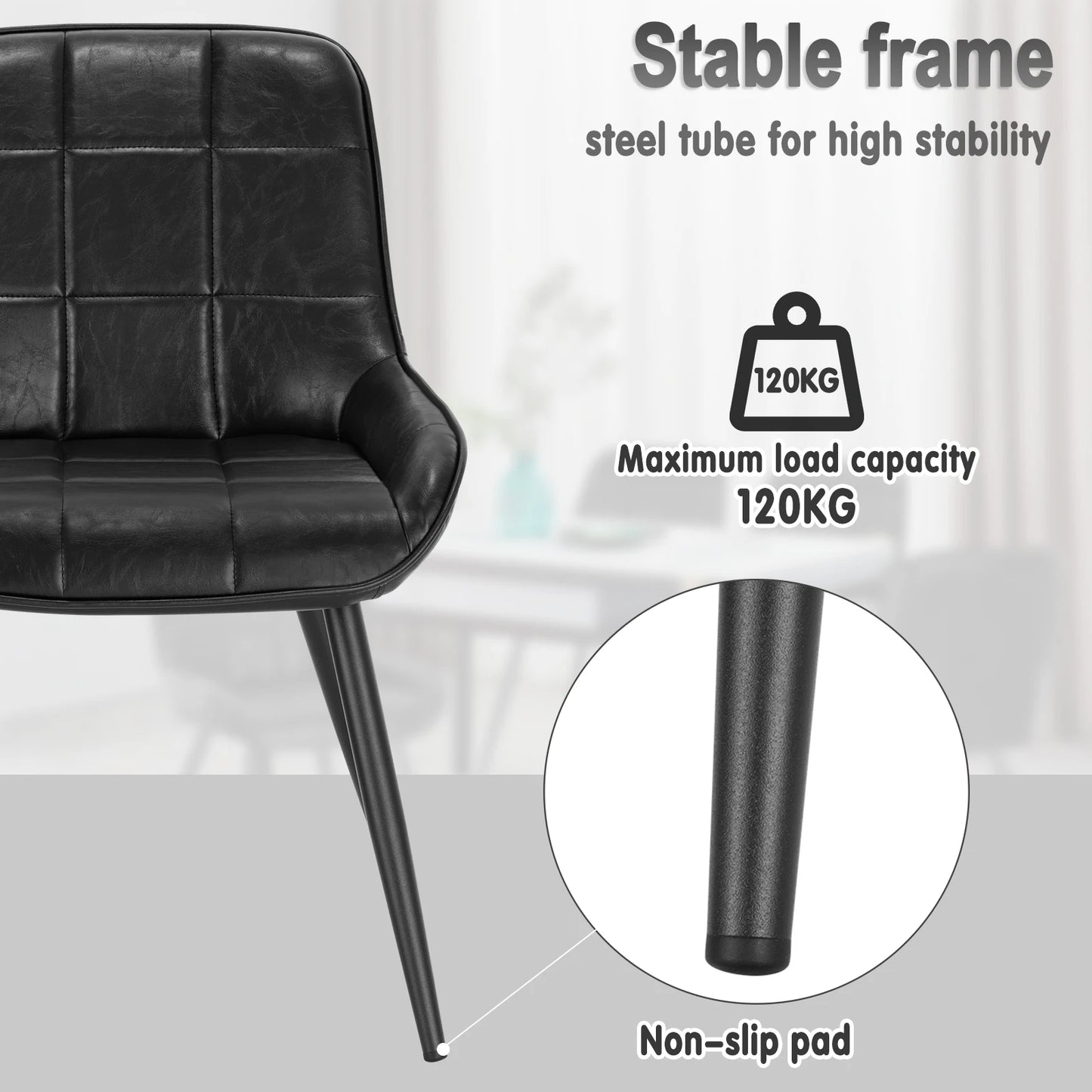 Eetkamerstoelen - Eetstoelen - Keukenstoelen - Set van 4 - Ergonomische Scandinavische Stijl - met Rugleuning - Voor Keuken - Eetgedeelte - Kunstleer Zitje - Metalen Poten - 52 x 51 x 81.5 cm - Zwart