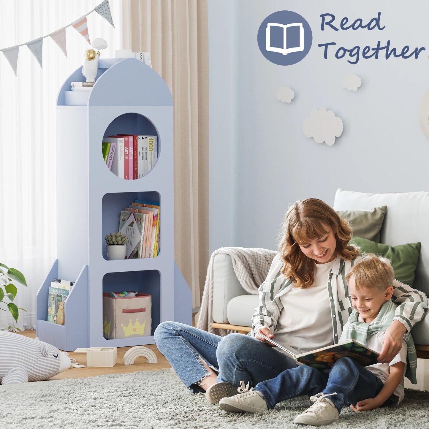 Kinderboekenkast – Raket Boekenkast – Kinderkast – Speelgoedkast – Kinderboekenplank – Lichtblauw – MDF Hoogwaardige Materialen – 120 cm Hoog