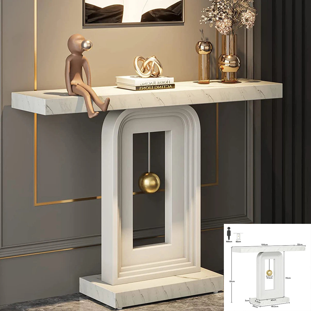 Sidetable – Console Tafel – Entreetafel – Bijzettafel – Accenttafel – Ivoor kleur – Smal En Lang – Geometrische Metalen Basis – Stevig Houten Blad