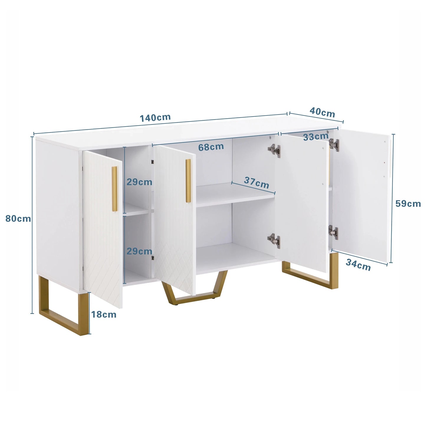 Woonkamerkast – Dressoir – Opbergkast – Sideboard – Ladekast – Hoogglans Wit – 4 Deuren Met Metalen Handgrepen – Afmetingen 140x80x40 cm