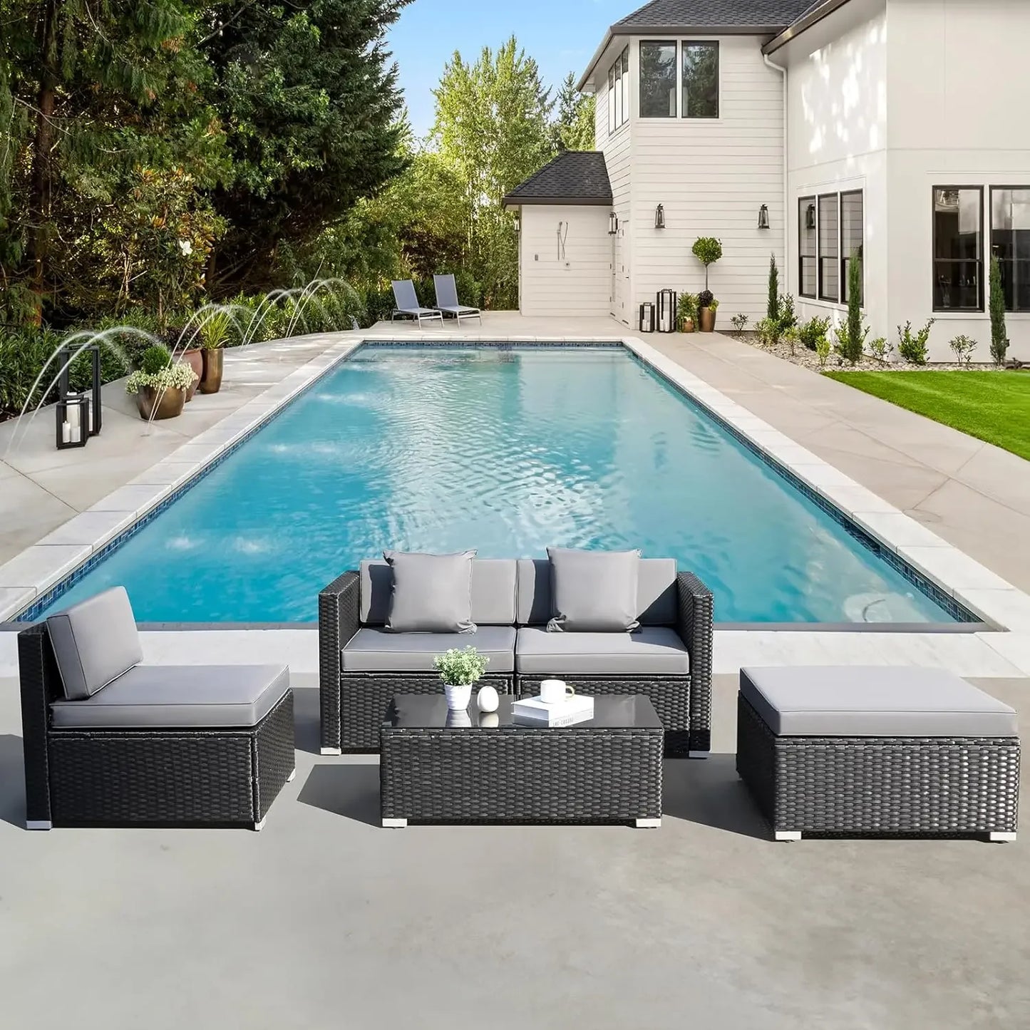 Polyrattan Loungeset – Tuinmeubelset – Buitenbank – Rattan Loungesofa – Loungehoek – Weerbestendig Polyrattan – 5-delig Met Verstelbare Voetjes - Zwart