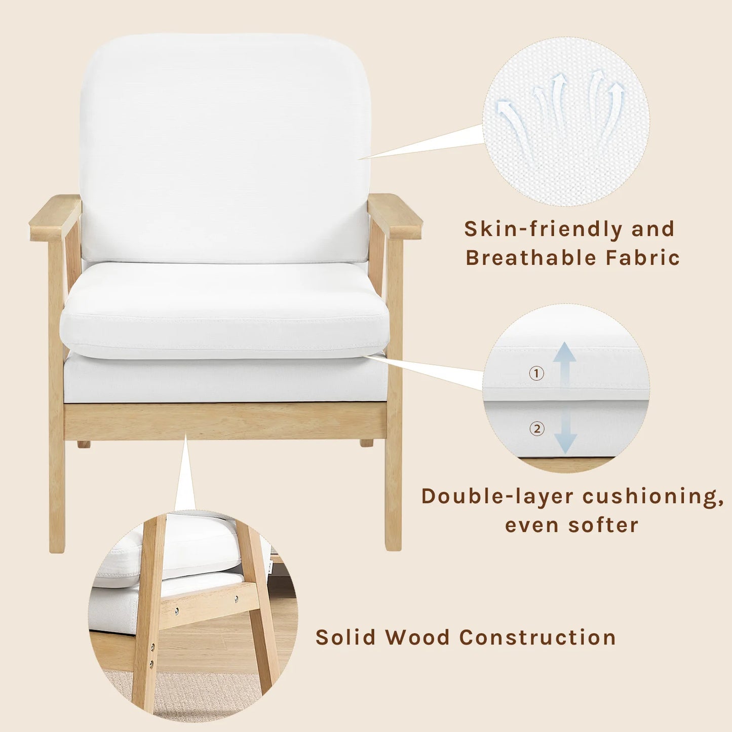 Ligstoel - Tuinstoel - Lounge Fauteuil - Tuinmeubel - Ligstoelen Buiten - Binnen - met Kussen - voor Woonkamer - Slaapkamer - Thuis - Scandinavische Stijl - Sterk - Duurzam - Linnen & Massief Hout - 66.5 x 64 x 81.5 cm - Wit