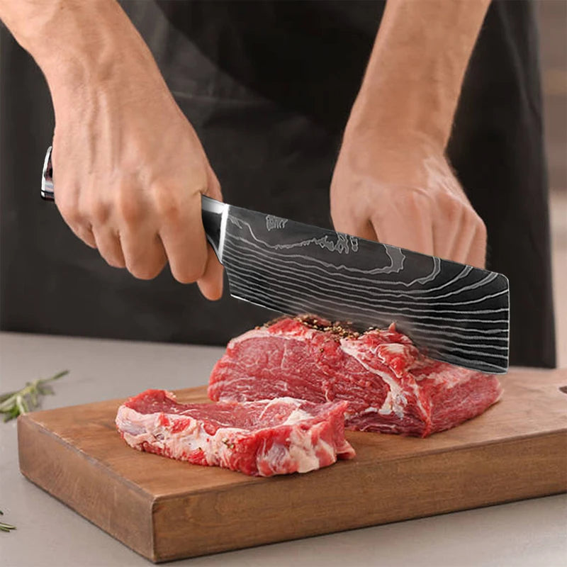 Kitchen Knives - Knife set - Chef Knife - Knives - Kitchen Knife - Chef's Knife for Kitchen - Damascus Santoku Knife Set - Japanese Sharp Chopping Knife Cutting Knife - 8-piece Holder Set