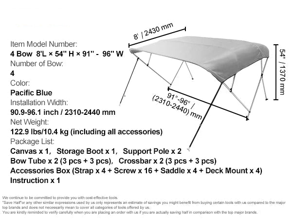 Biminitop 4 Bow - Biminitops - Parasol Cover - Bow Bimini Top Boat Cover - 900D Polyester Canopy - with 1” Aluminum Alloy Frame - Waterproof - Light Gray