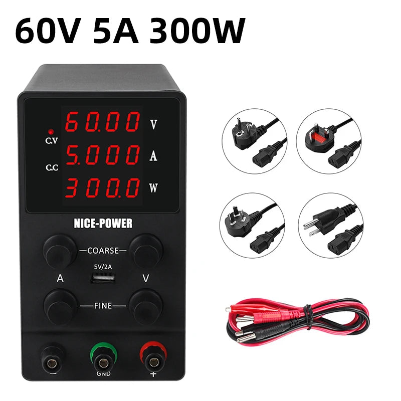 Lab Power Supply - DC Power Supply - Adjustable Power Supply - Power Supply - Adjustable Voltage Regulator - Function Generator - 60V - 5A - 220V - Power Supply Voltage Regulator - Black