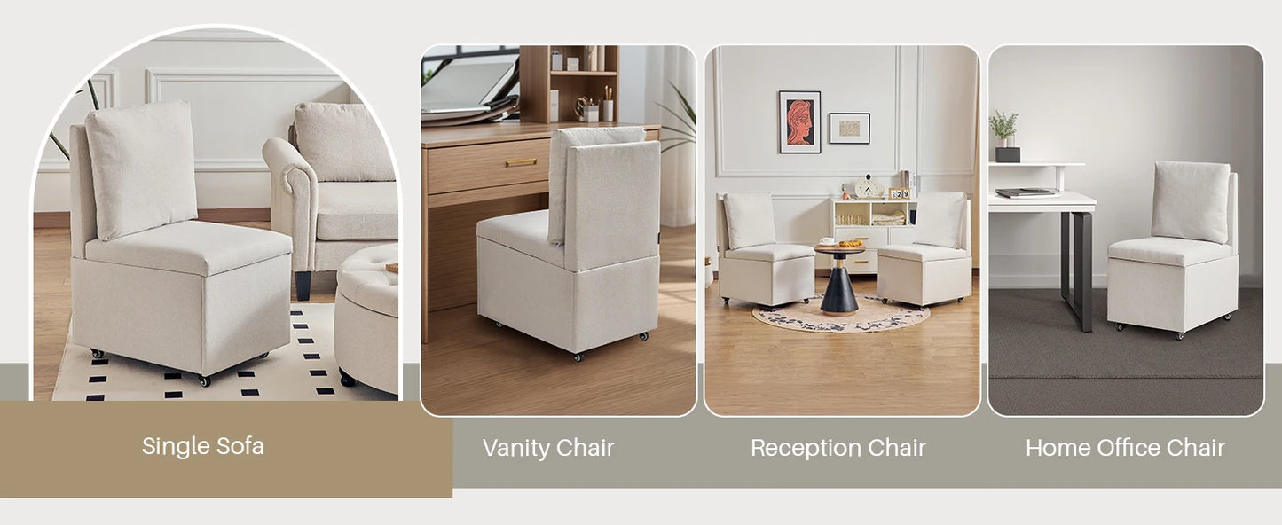Eetkamerstoelen – Gestoffeerde Stoelen – Stoelen Met Wielen – Opbergruimte Stoelen – Zacht Kunstlinnen – Houten Frame – 24 Liter Opbergvak - Beige