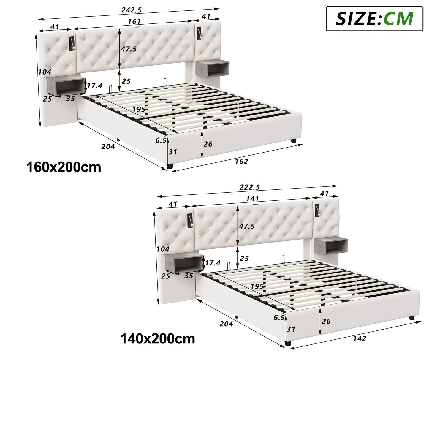Bedframe – Opbergbed – Gestoffeerd Bed – Tweepersoonsbed – Hydraulische Lift – Velvet Hoofdeinde – USB Poort