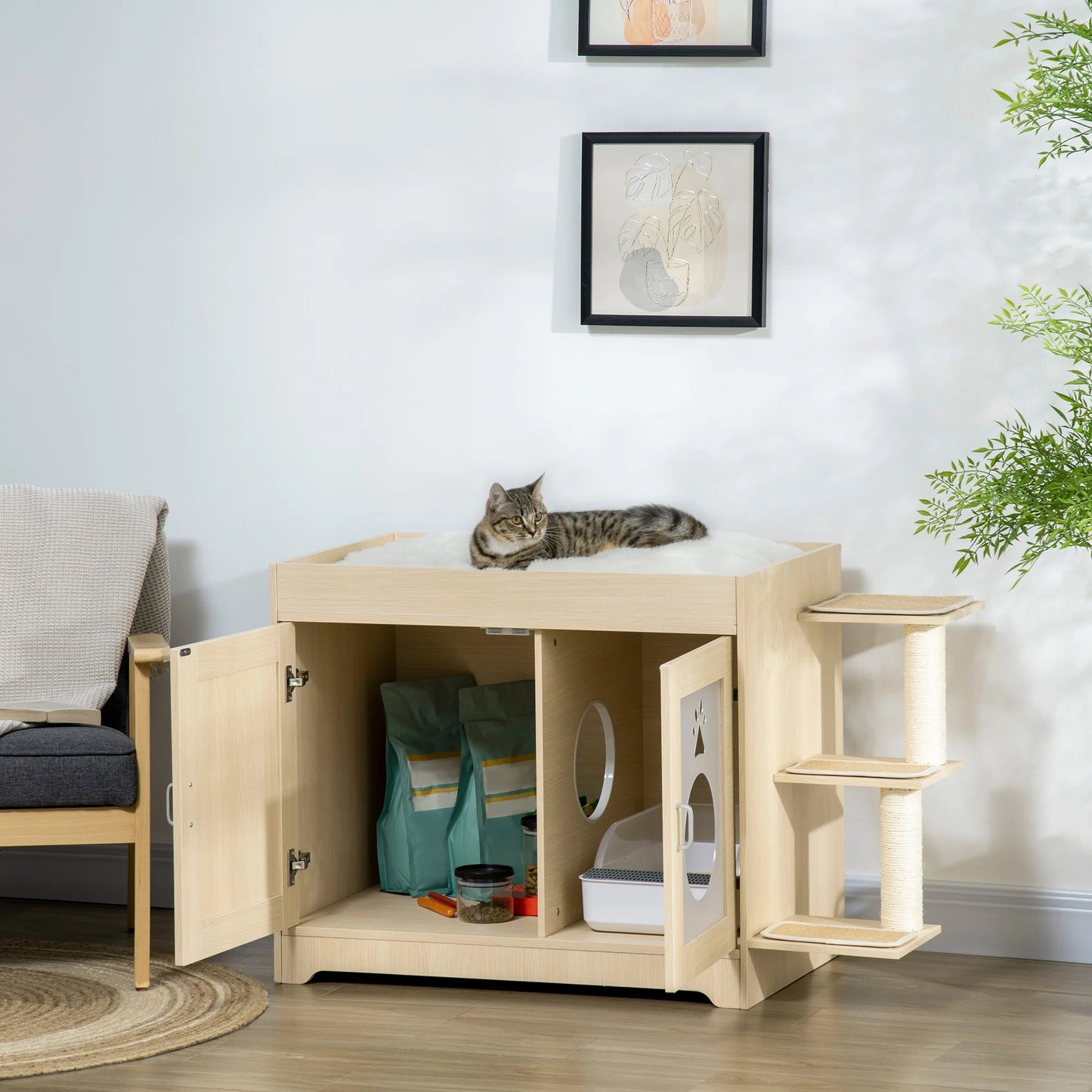 Kattenbakhuisje – Kattenbak Kast – Kattenhuis – Kattenmeubel – Kattenbak Omsluiting – Luxe Pluche Bekleding – Afmetingen 107x54x70 cm - Eik