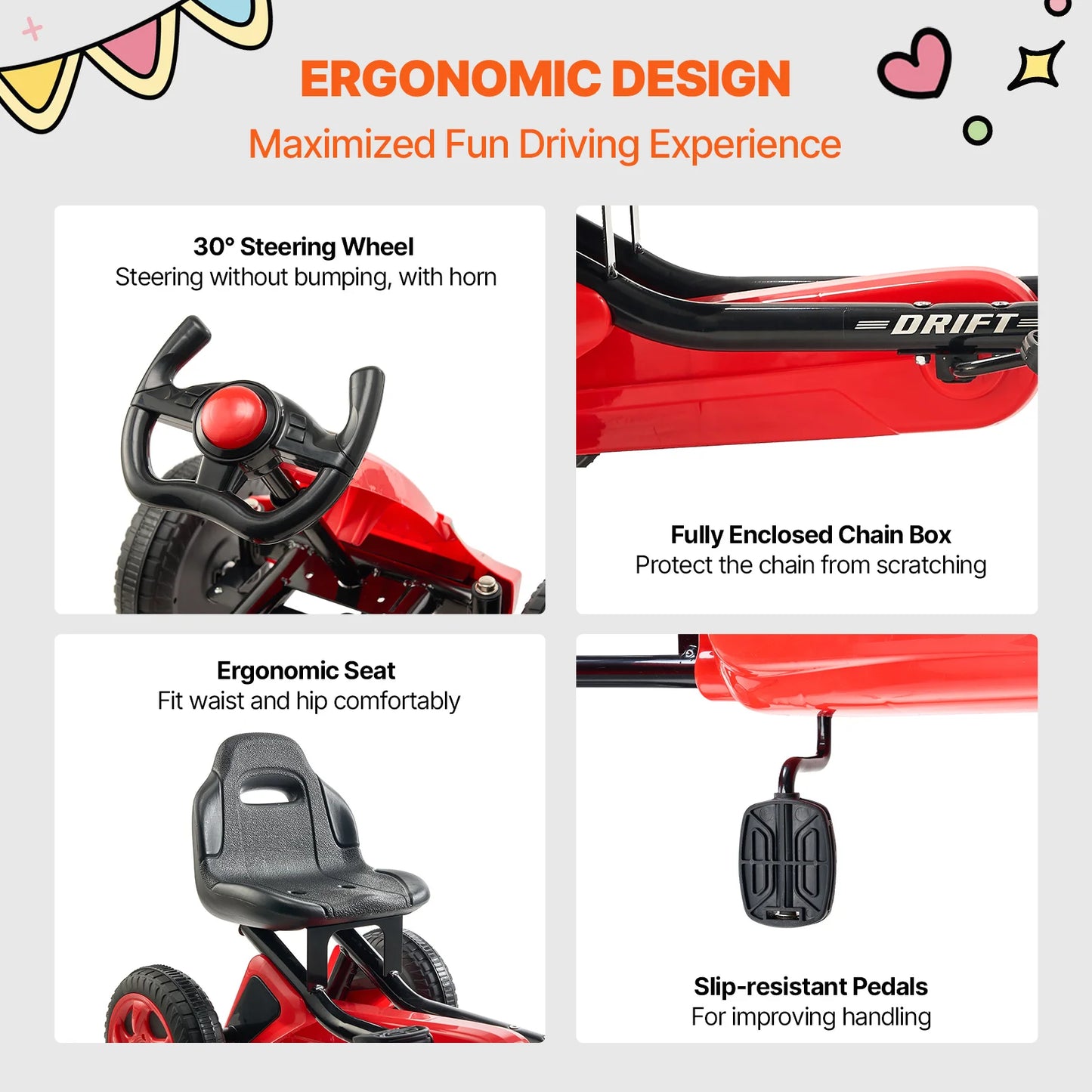 Kinder Go Kart - Skelter - Kart - 4-Wiel Off-Road - Pedal Kart - Verstelbare Zitting - voor Jongens & Meisjes - Voor Buiten - QUORE