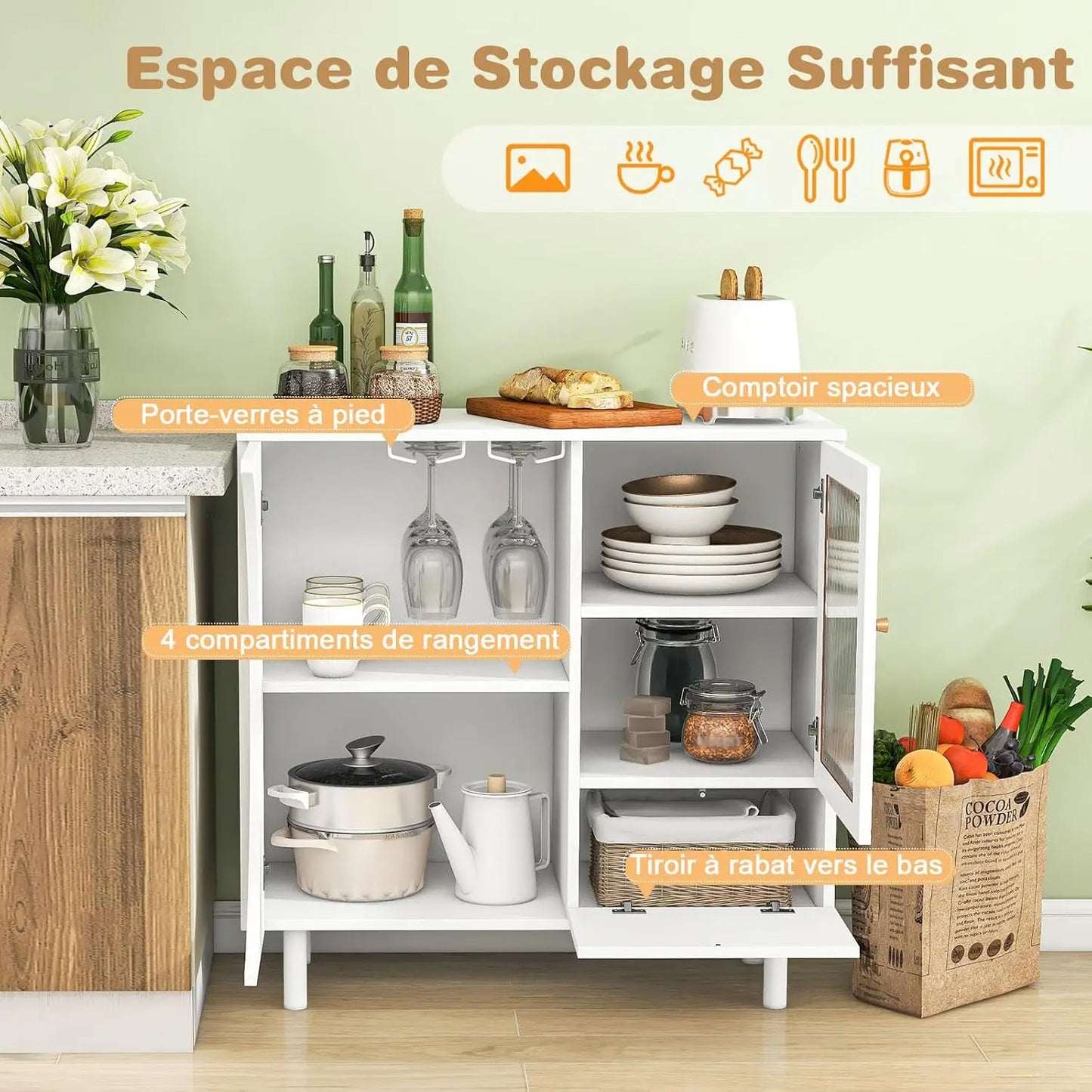 Houten Buffetkast met 3 Deuren, Open Rek & Wijnglashouder voor 6–8 Glazen – Dressoir met Metalen Poten voor Eetkamer, Keuken of Woonkamer – 80 x 30 x 80 cm