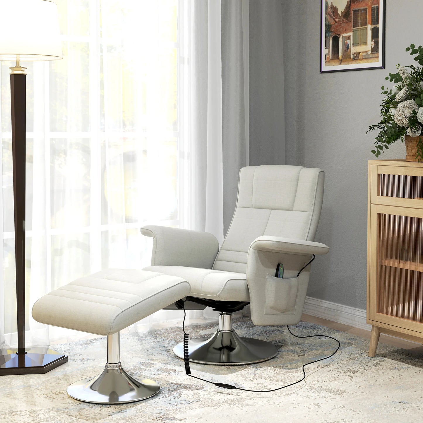 Massagestoel – Relaxfauteuil – Wellnessstoel – Massagefauteuil – Ottoman – 8-Punts Vibrerende Massage – Ademend Linnenstof - Wit
