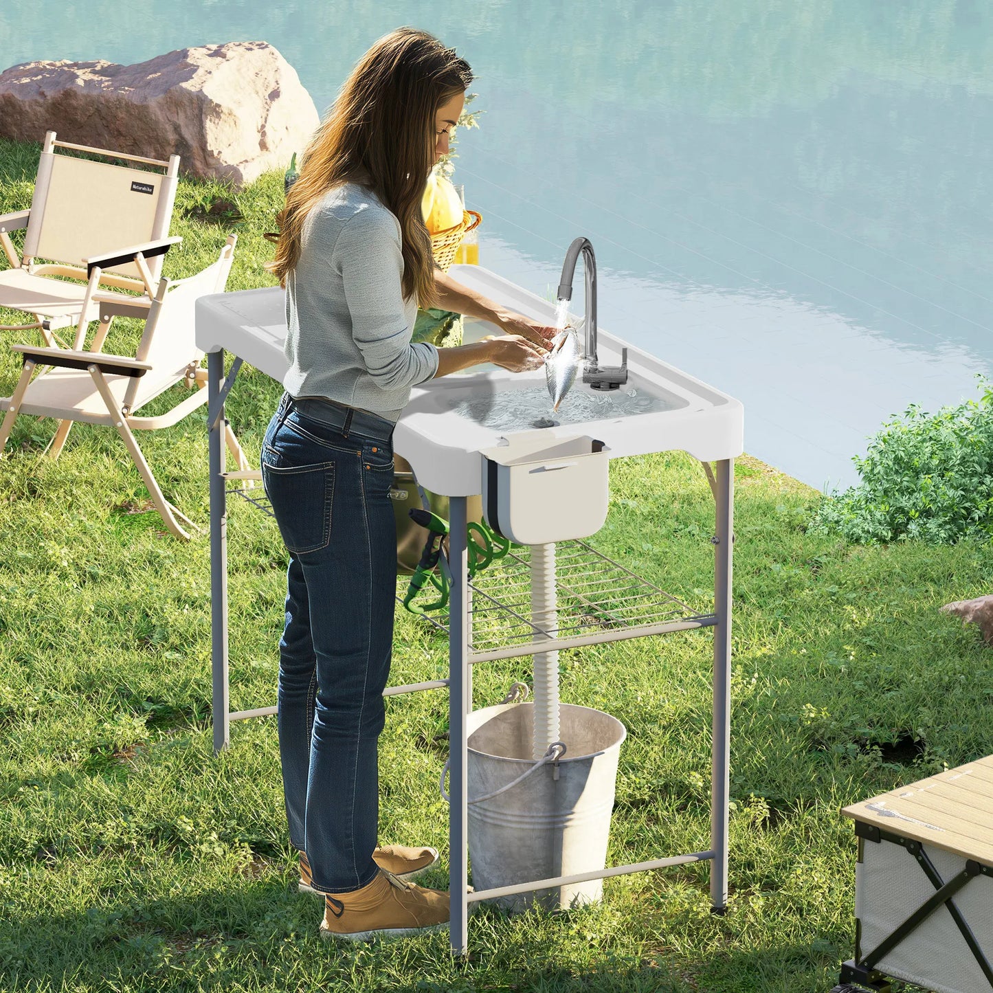 Draagbare Vis- En Campingtafel – Inklapbare Tafel – Spoelbaktafel – Buiten Tafel – HDPE Waterbestendig – Met Kraan En Opbergruimte - 108 x 58 x 92 cm - Wit