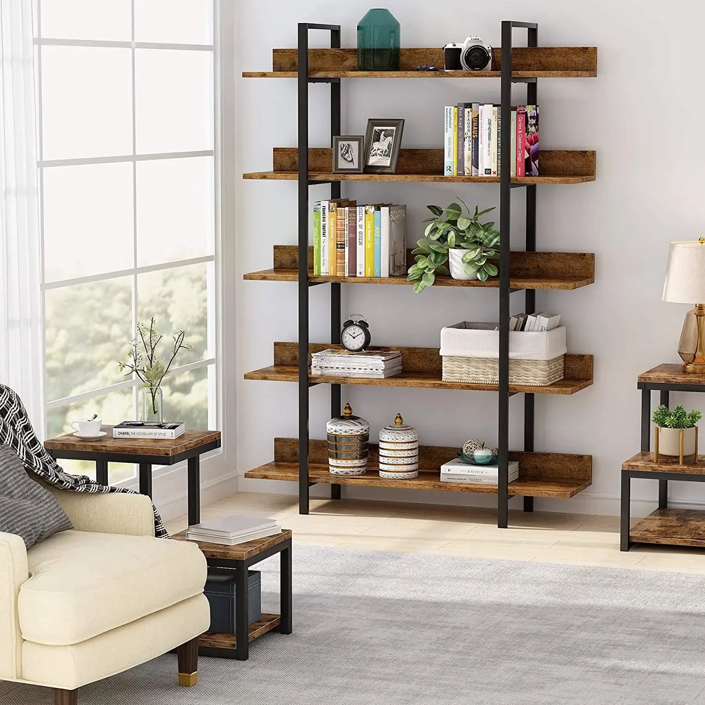 Tribesigns Bookshelf Storage Rack Standing Shelf 5 Tier Industrial Sturdy Bookshelf with Iron Pipe Frame