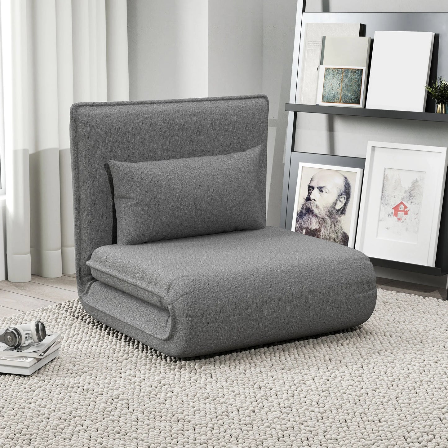 Vloerstoel – Zitstoel – Loungestoel – Slaapstoel – Inklapbaar – 6 Verstelbare Posities – Kunstleer Bekleding - 75 x 81 x 68 cm - Grijs - QUORE
