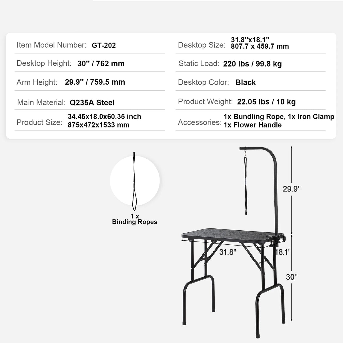 Hondentrimtafel - Grooming Tafel Kniptafel - Opvouwbare Pet Stand - Pet Care Table - 32inch een arm - met klem - voor middelgrote kleine honden met Grooming Loop - QUORE