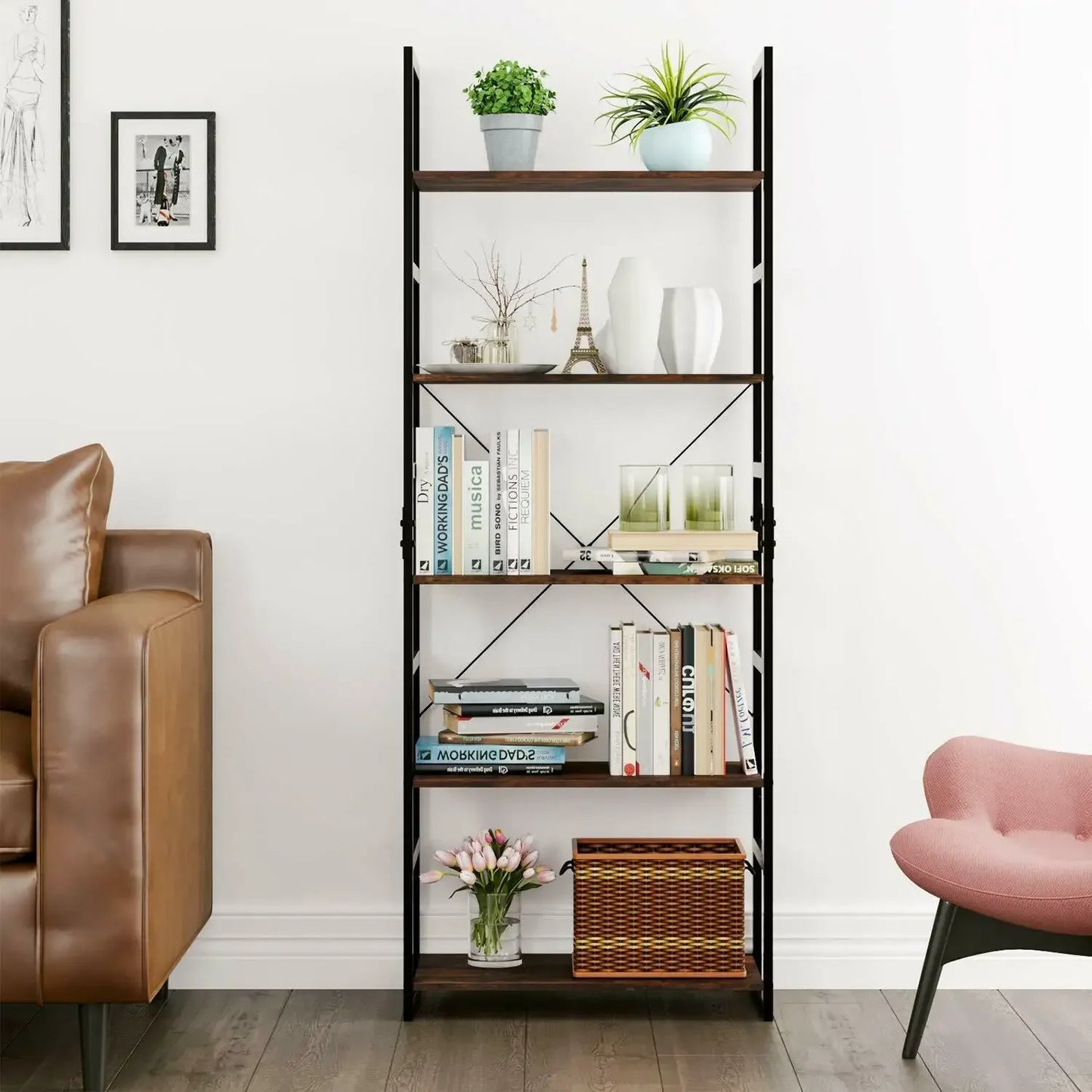 Vintage Boekenkast - Boekenrek met 5 Lagen - Ladderrek - Opbergplank - 60x30x165 cm - Voor Woonkamer, Kantoor of Badkamer - Industrieel Ladderrek