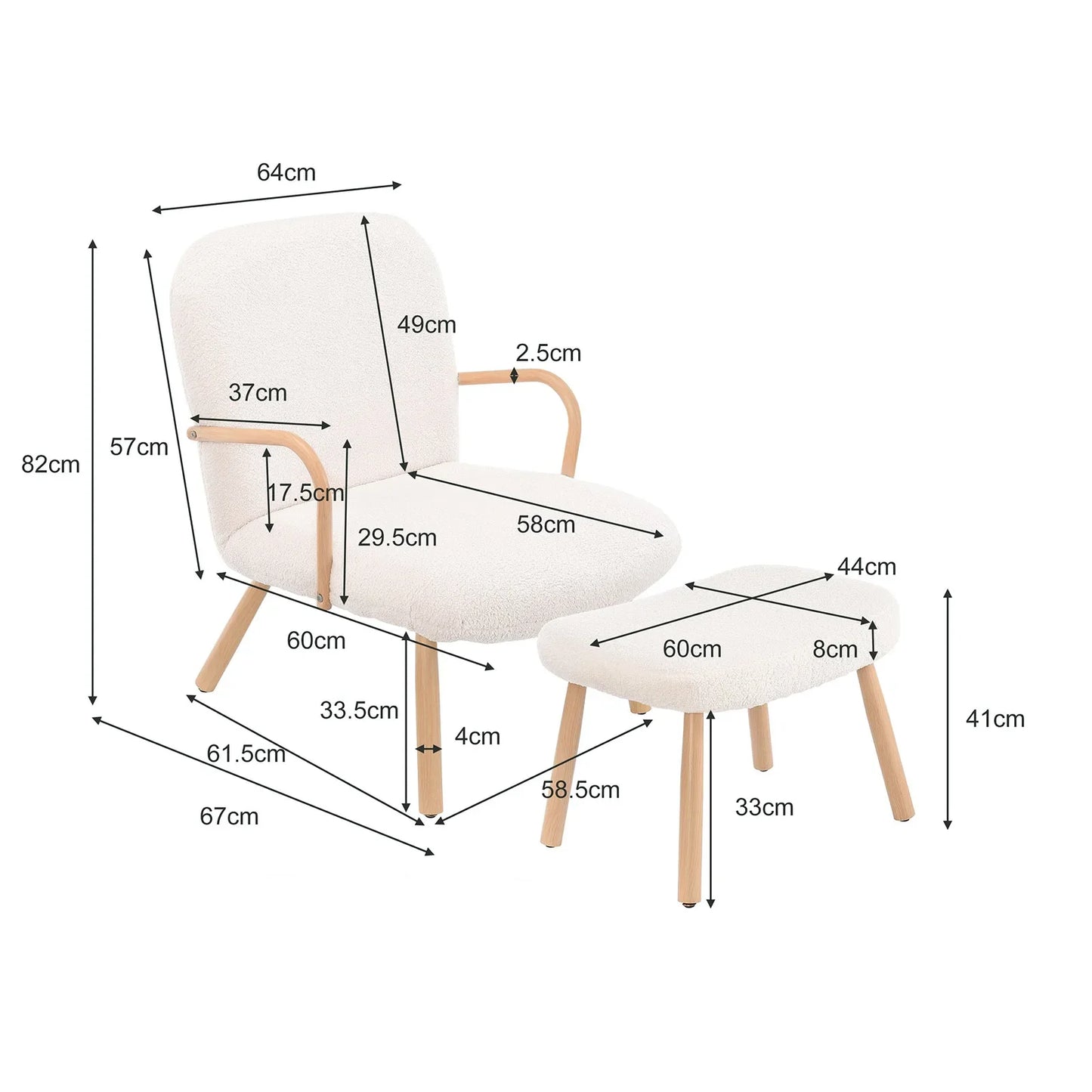 Fauteuil – Stoel – Relaxfauteuil – Zetel – Bijpassende Voetenbank – Teddy Fleece Bekleding – Houten Frame
