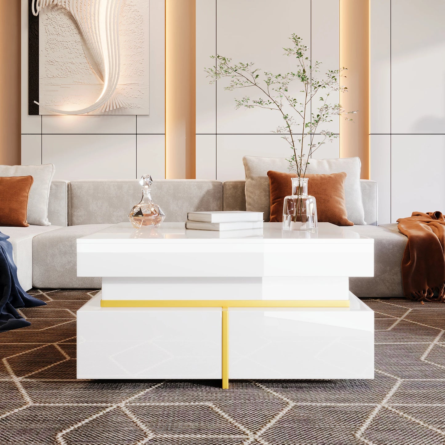 Salontafel – Koffietafel – Tafel – Woonkamertafel – Hoogglans Afwerking – Gouden Accenten – Twee Lades