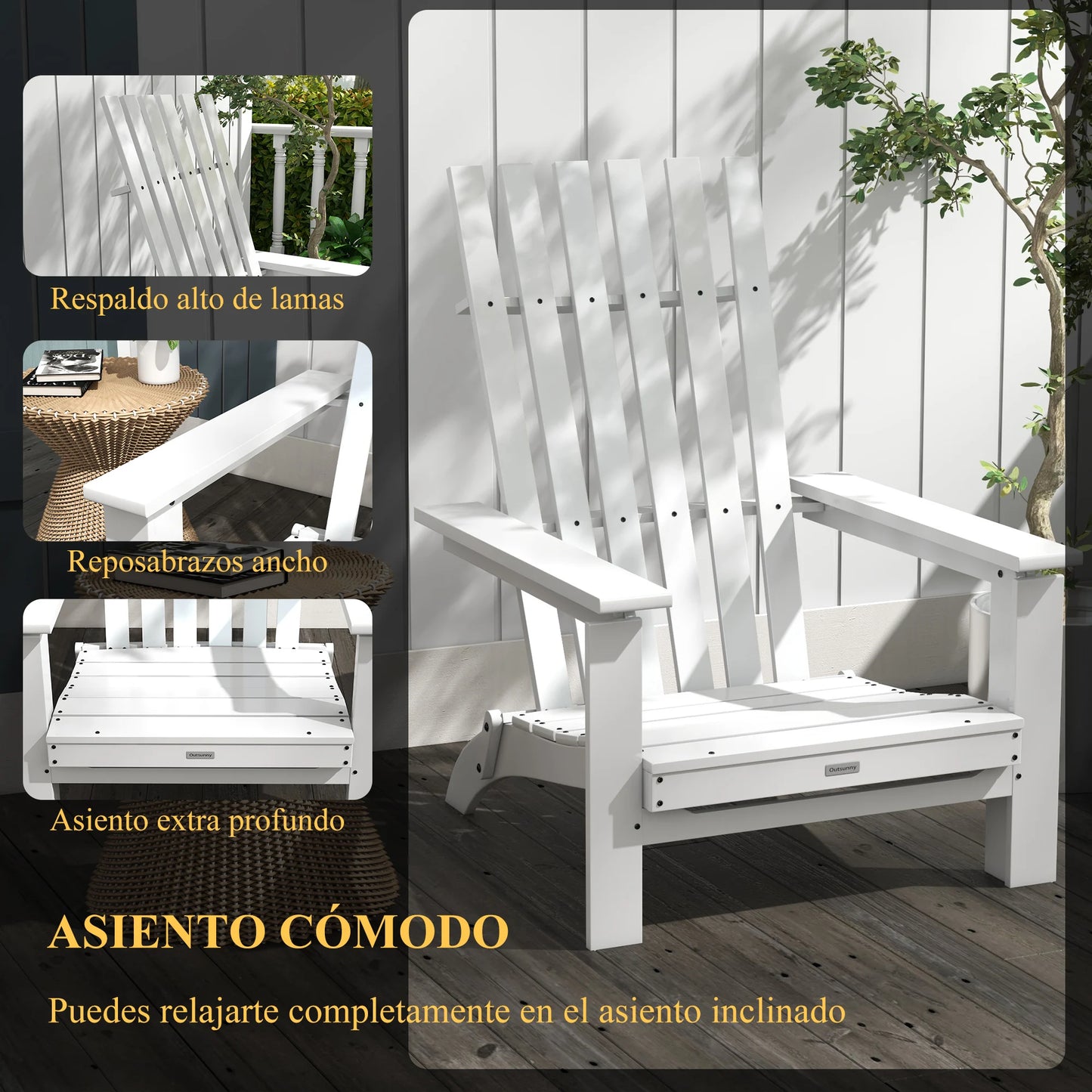 Adirondack Vouwbare Houten Tuinstoel met Armleuningen - White Poplar Wood, Comfortabel en Ruim, Perfect voor Buiten