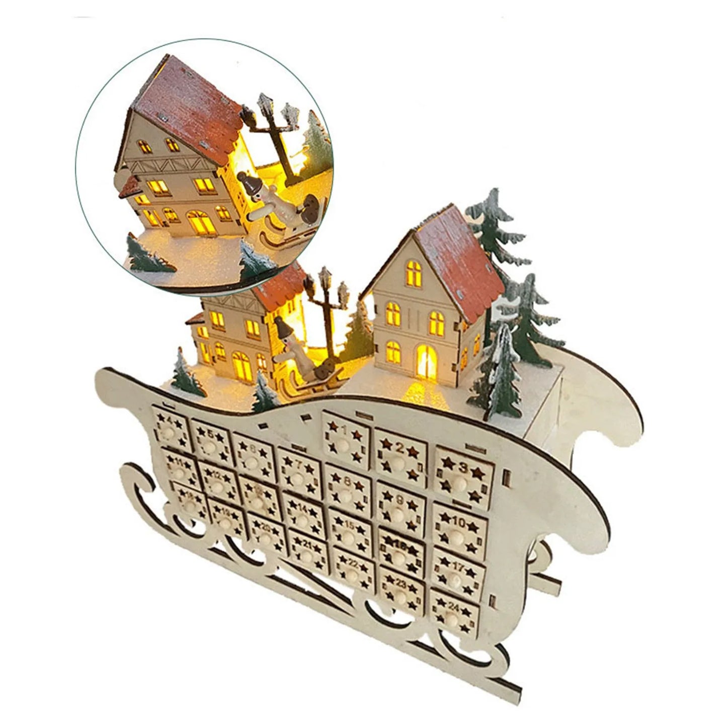 Advent Calendar - Christmas Advent Calendar - Wooden Sleigh Calendar - LED Creative Christmas Decoration - Accessories Practical Household - Interior Ornaments - Toys - Playset
