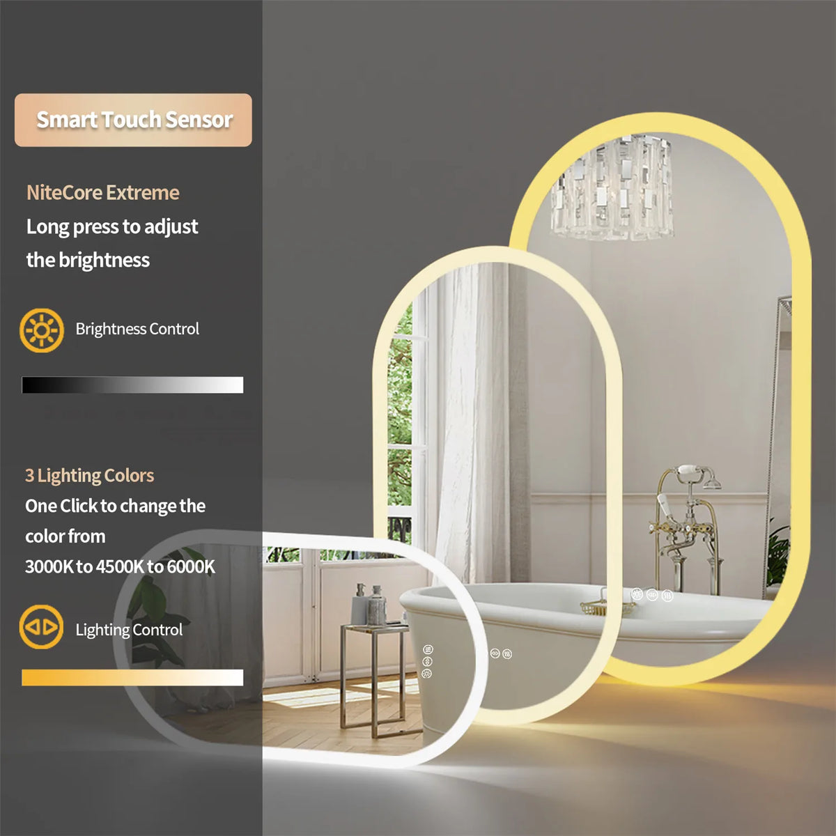 Badkamerspiegel - Badkamerspiegel met Verlichting - Ovaal - 3 Kleurinstellingen - Anti-condens Spiegel - 24W - 1000-5500 Lumen - IP65 - Input 220V/5A - Output 12V/3A - Aluminiumlegering Frame - HD Glazen spiegel - 20x32inch/50.8x81.28cm - Zilver