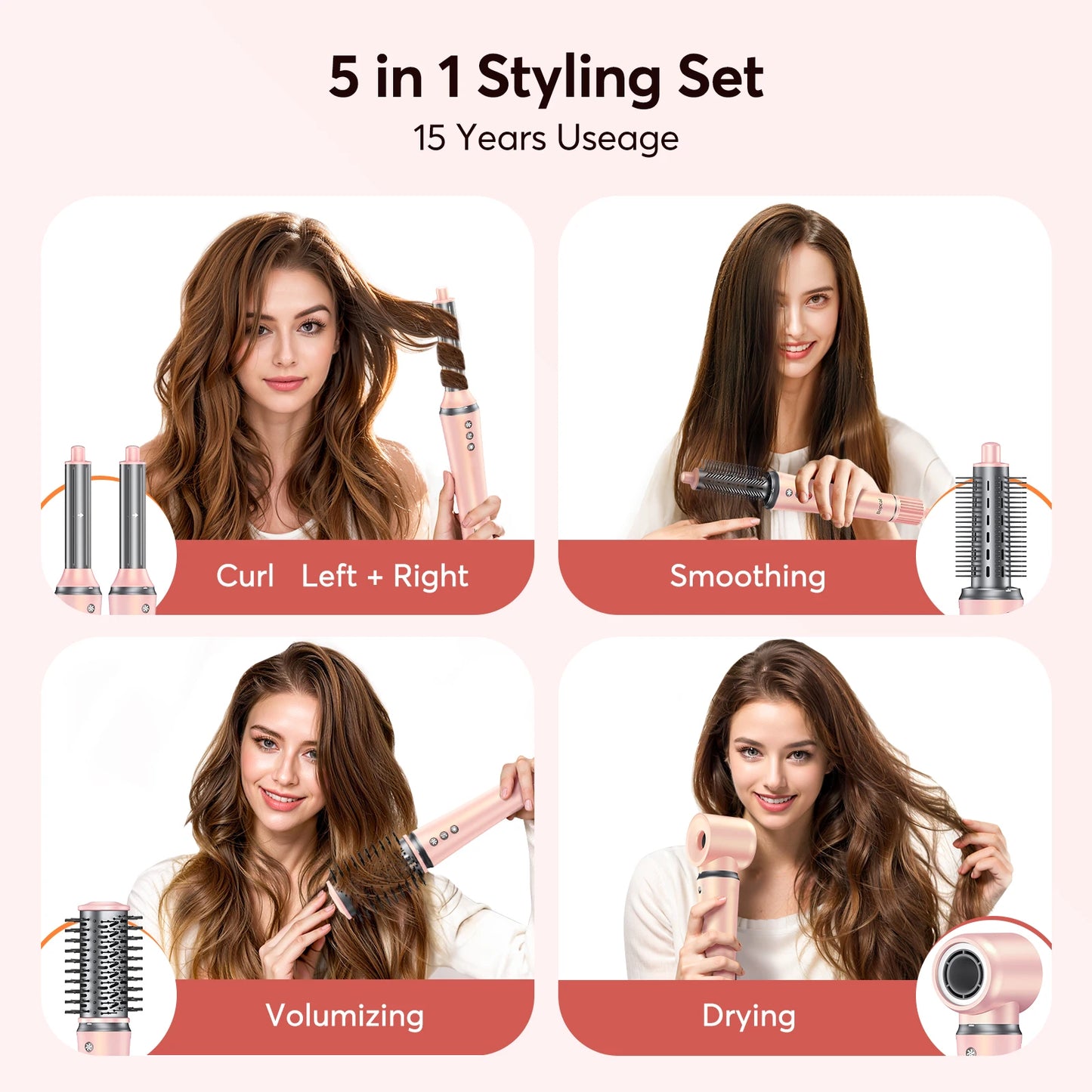 Airstyler – Föhnborstel – Multistyler 5-in-1 – Bescherming tegen Hitteschade – Krachtige Motor – Geschikt voor Lang en Kort Haar – Roze