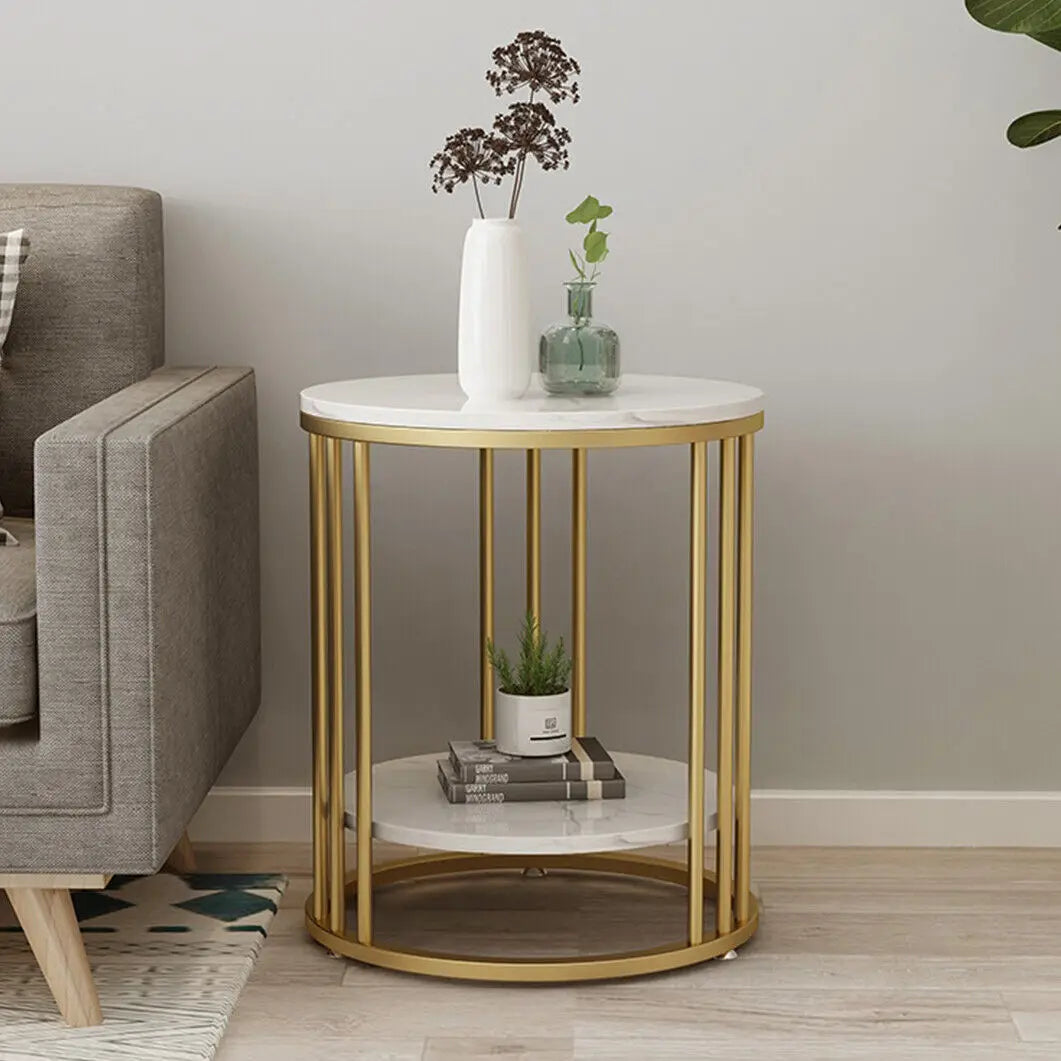 Bijzettafel Rond - Salontafels - Tafeltje Rond - Bijzettafeltjes Woonkamer - Legplank 2 Niveaus - Sieraden Opberger - Metalen Frame - Gold.