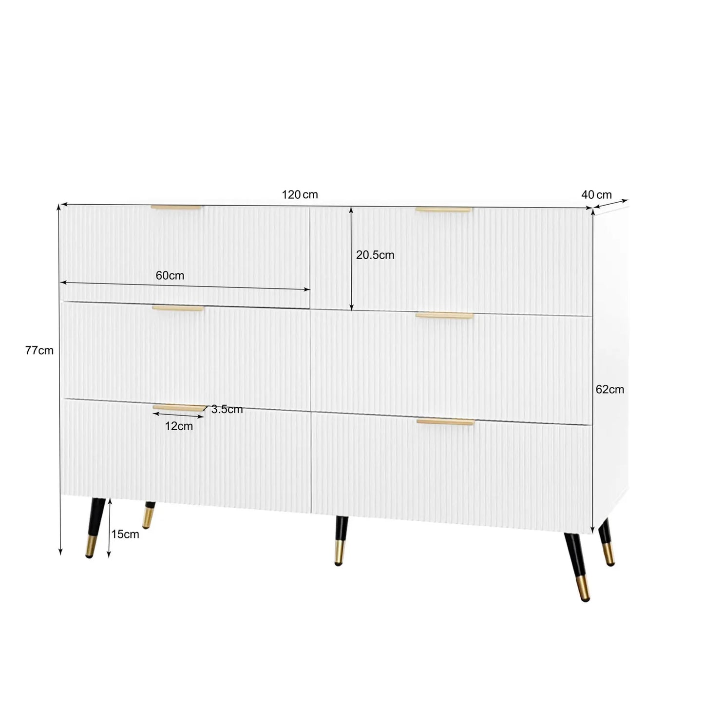 Dressoir – Ladekast – Opbergkast – Kast – Buffetkast – Modern Minimalistisch Ontwerp – 120x77x40 cm – 6 Ruime Lades – Wit Met Gouden Accenten