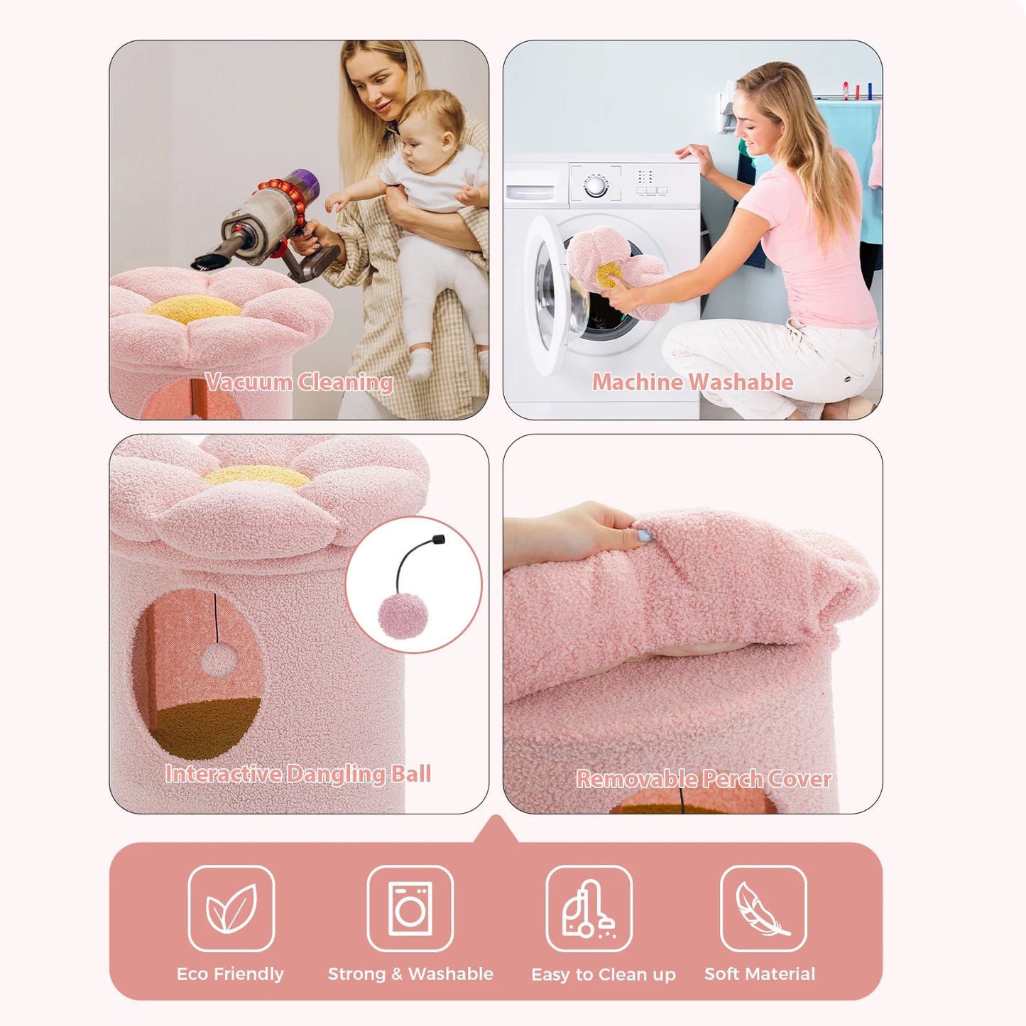 Kattenhuis - met 2 Verdiepingen - Binnen – Houten bed - met Afneembaar Bloemenkussen - Ruime Kattengrot - Hangspeeltje - Krabpaal - 73cm Hoog - Paars