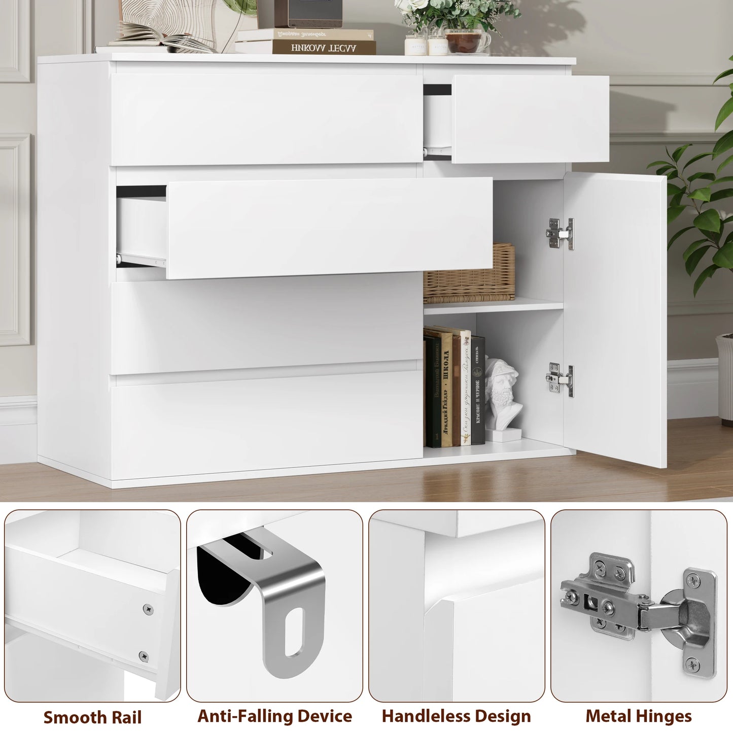 Ladekast – Dressoir – Opbergkast – Bergkast – Kast – Hoog Model – 5 Laden + 1 Deur – Mat Wit Met Zwarte Accenten – 100x80x40 cm – Veel Opbergruimte - QUORE