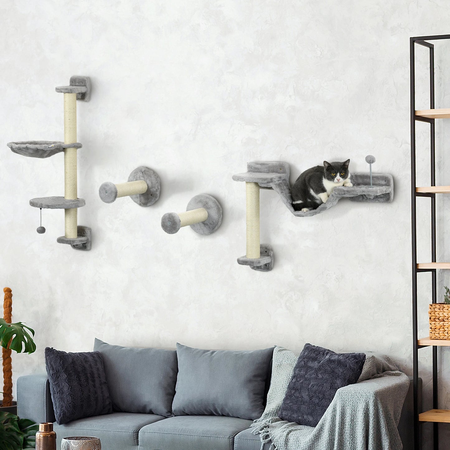 Klimrek - Klimrekken voor Kat - met - Hangmat - Bal - Set van 4 - Muur Bevestigd - Houtspaanplaat - Polyester Pluche - Maximale Capaciteit van 6-8 kg - 84.5x19x54 cm - Grijs - QUORE