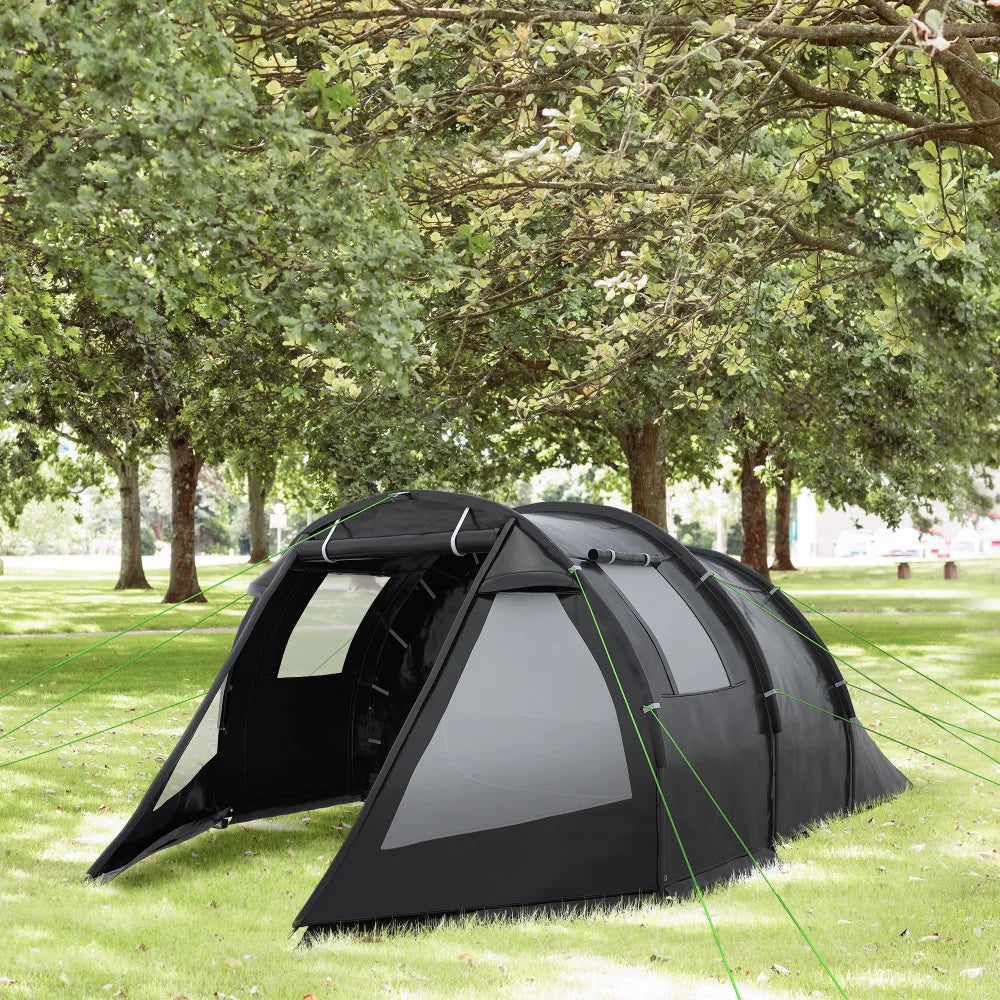 Tunneltent – Campingtent - 4-Persoons Tent – Kampeertent – Gezinstent – Waterdicht – 2 Gescheiden Ruimtes – Glasvezelstokken - 475 x 264 x 172 cm - Zwart
