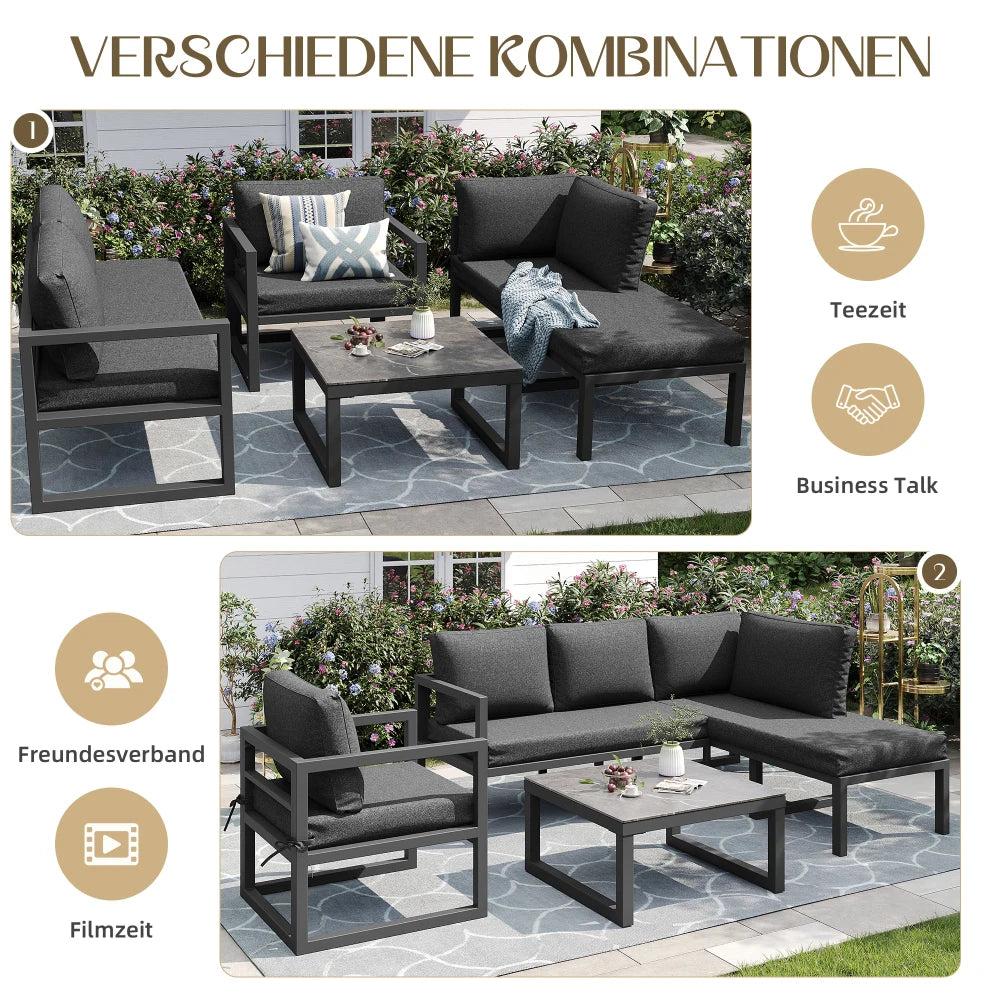 Loungebank – Tuinbank – Loungeset – 4-Persoons Tuinset – Buitenmeubel – Verstelbare Poten – Gehard Glas Met Marmerlook
